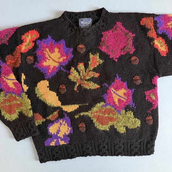 Vintage Woolrich Leaves Acorn Black Wool Mohair Retro 90’s Sweater - Picture 1 of 4